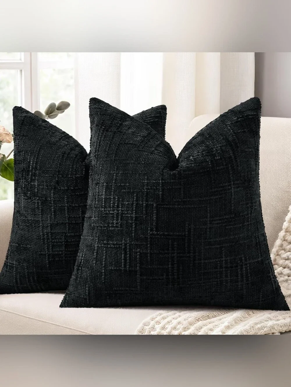 Black Chenille Textured Throw Pillow Covers Set Of 2 Size 20x20
